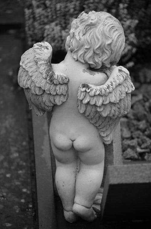 Monochrome Photograph of an Angel Sculpture with Wings