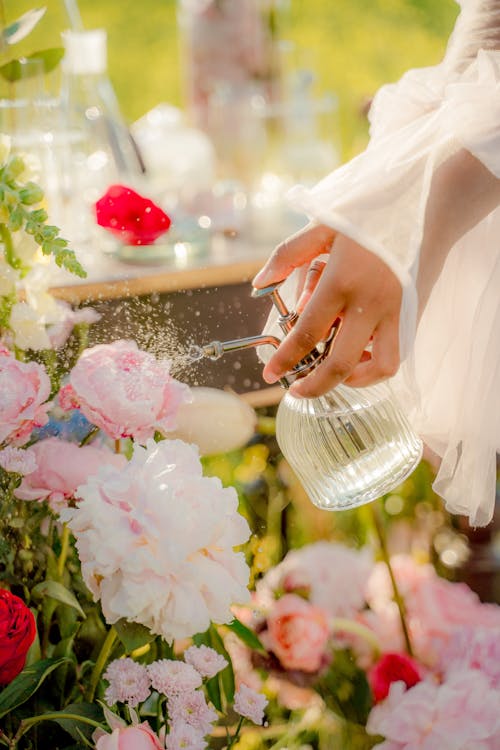 Free Close-up View of Spraying Perfume on Flowers Stock Photo