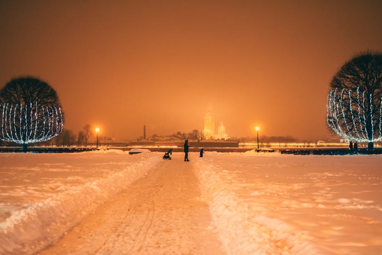 People In Winter Field At Night