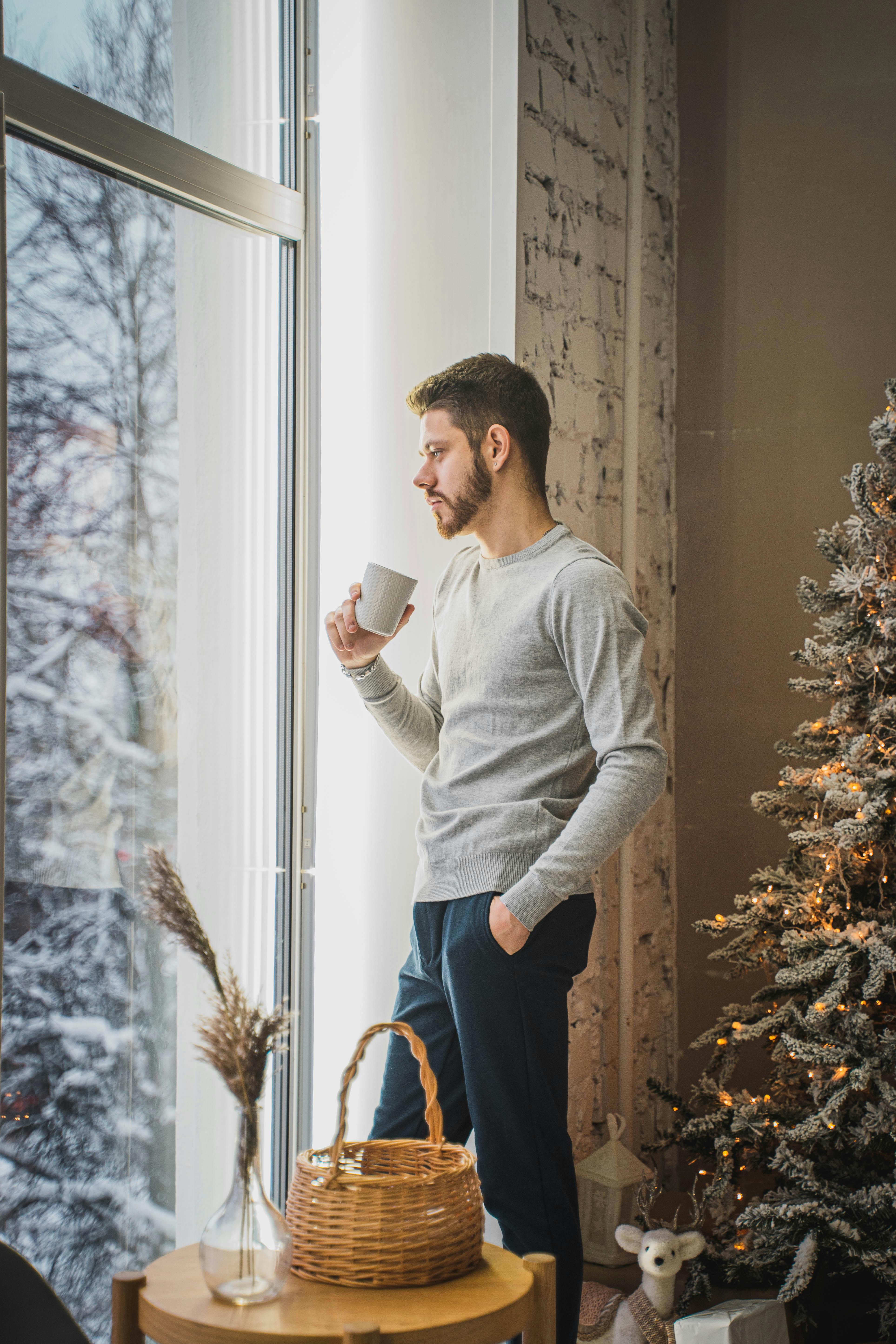 Man looking through the open window. 3d, Stock image