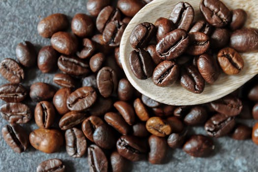 High-quality close-up image of roasted coffee beans with a wooden spoon for a warm, rich feel.
