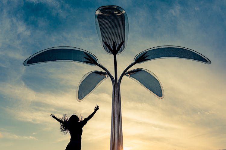 Silhouette Of A Woman Jumping Under A Solar Power Tree