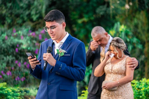 A young man gives a heartfelt speech at an outdoor wedding ceremony.