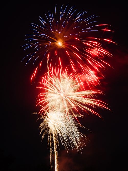 Free Dazzling fireworks explosion lighting up the night sky, perfect for celebration themes. Stock Photo