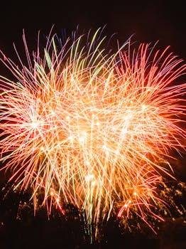 Explosive fireworks bursting with colorful sparks illuminate the night sky.