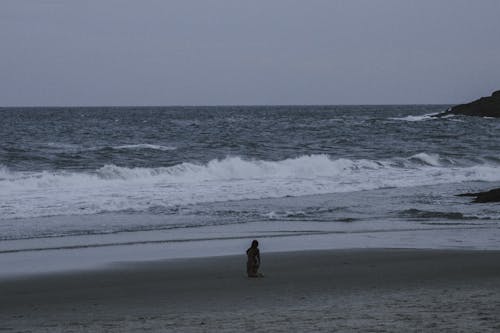 Person Sitting on Beach in Grayscale Photography