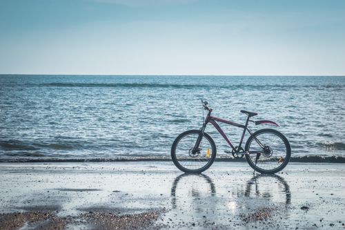 Free Bicycle on a serene beach with a clear blue sky and gentle waves. Stock Photo