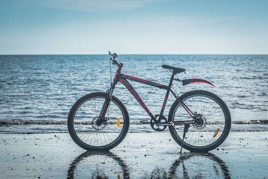 A sleek mountain bike captured by the calming waves at the shore on a sunny day.