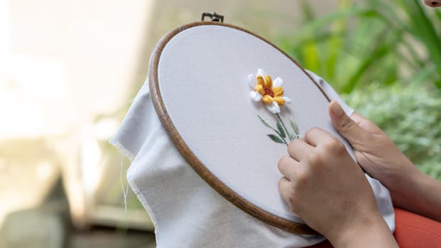 Close-up of hands embroidering a flower design outdoors, showcasing craft and creativity.