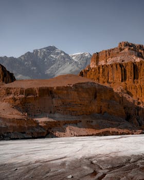 Vast rocky canyon under a gray sky with distant snow-capped mountains.