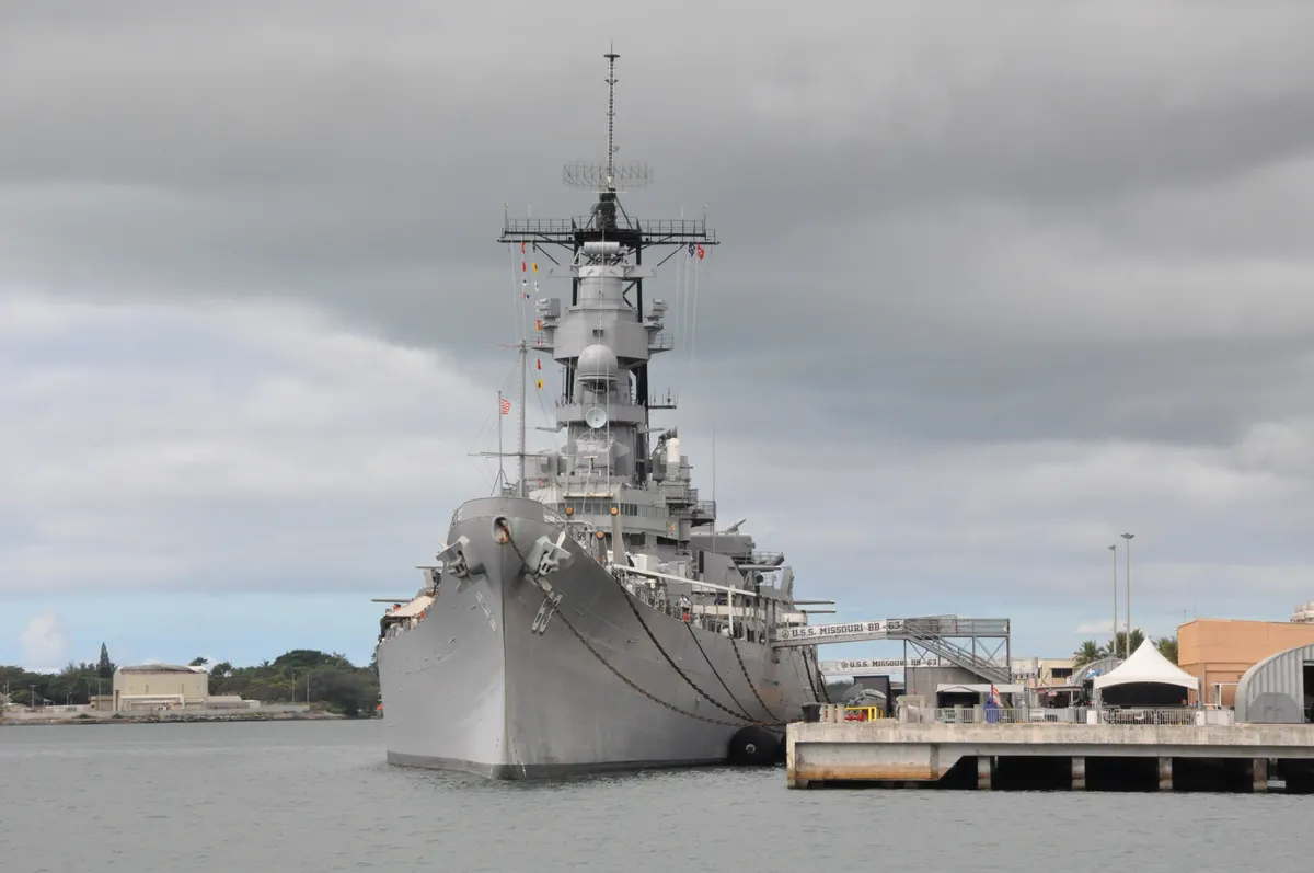 The battleship USS Missouri moored at Pearl Harbor