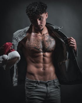 A fit tattooed man poses confidently holding a Santa hat, showcasing masculinity and style with a denim jacket and jeans.