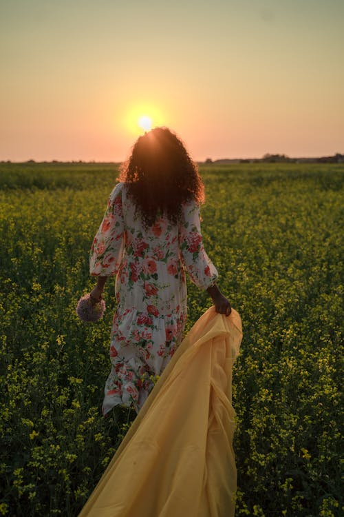 Free Woman Walking Through Flower Field Carrying Yellow Fabric Stock Photo