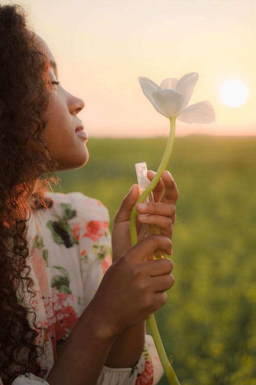 Free Woman on a Meadow and a White Flower Stock Photo