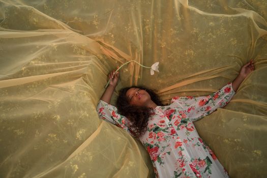 Young Woman Laying on Yellow Tulle Outspread on Meadow
