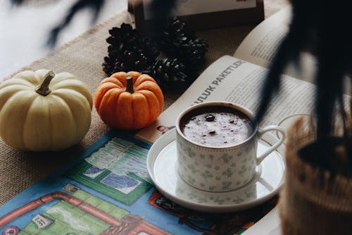 Free Photo of a Cup of Hot Chocolate Near Pumpkins Stock Photo