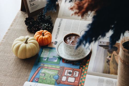 Free Cozy autumn setup with coffee, magazines, pumpkins, and pine cones on a rustic burlap backdrop. Stock Photo
