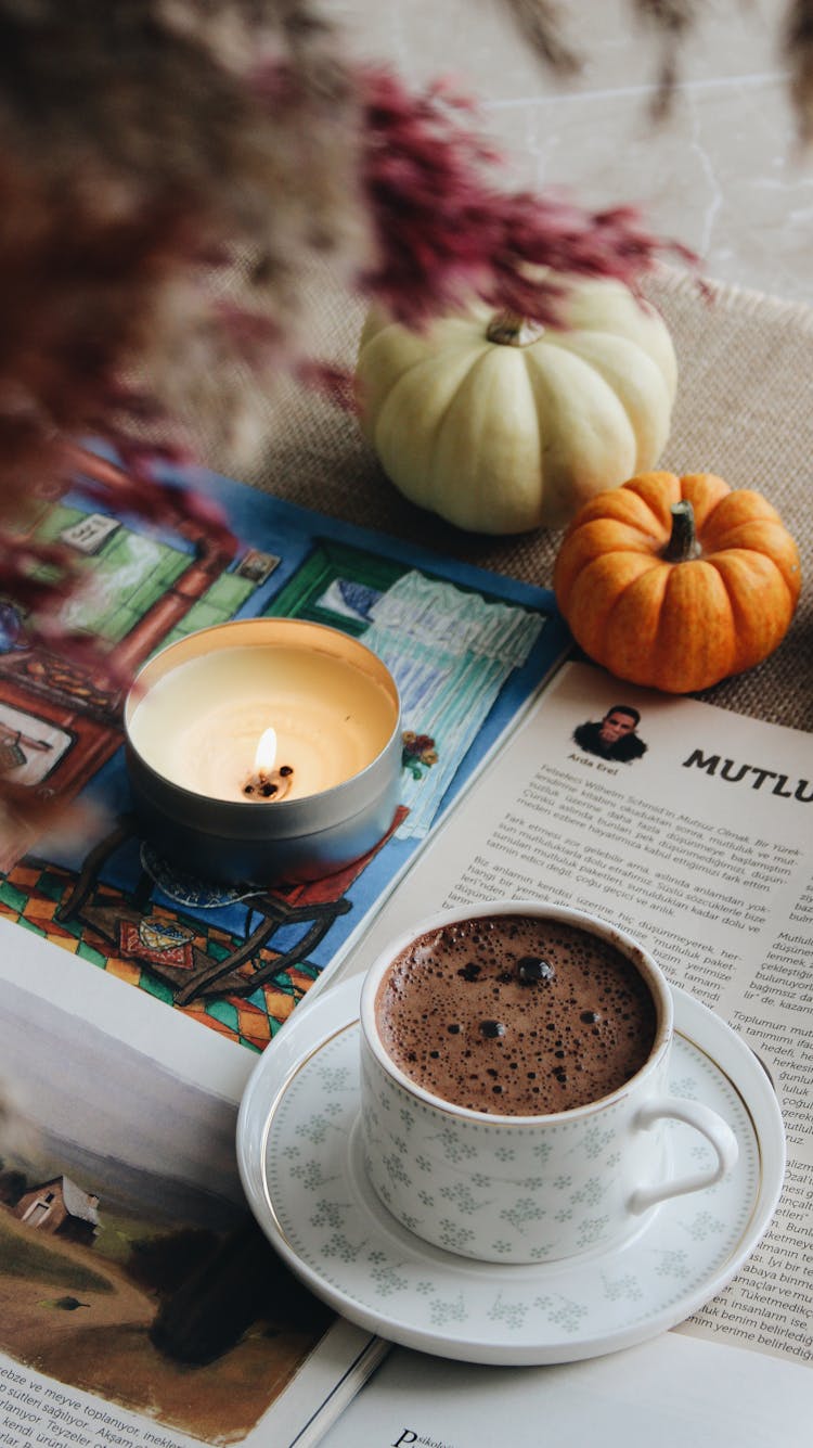 Black Coffee, Candle And Pumpkins