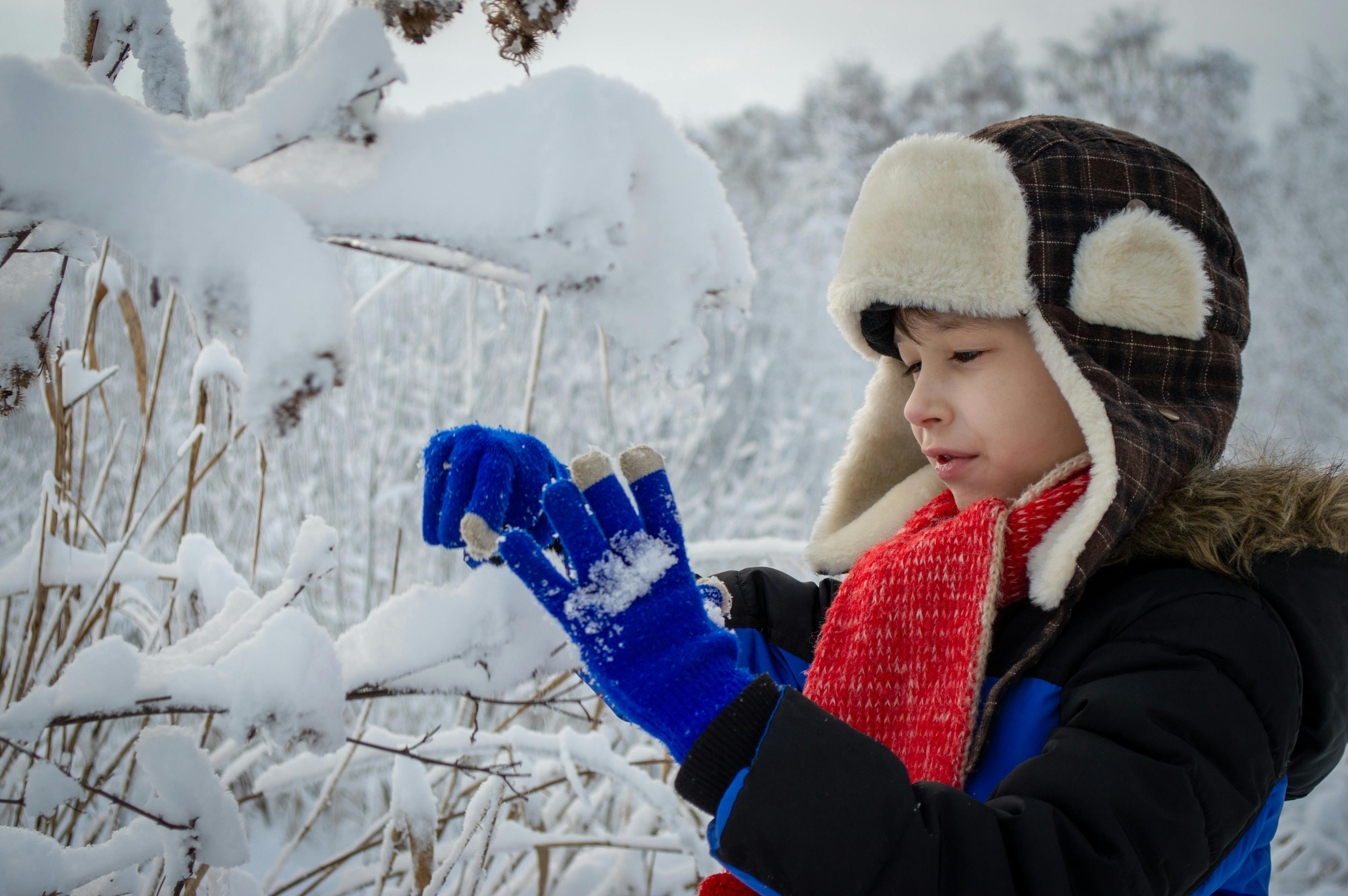 Child exploring snow-covered branches in winter with warm clothing.