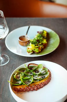 A close-up of a gourmet octopus dish artfully presented with fresh greens on a stylish plate.