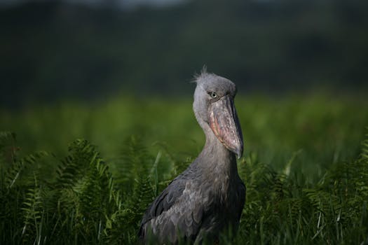 A shoebill stork standing in lush greenery, showcasing its distinctive beak.