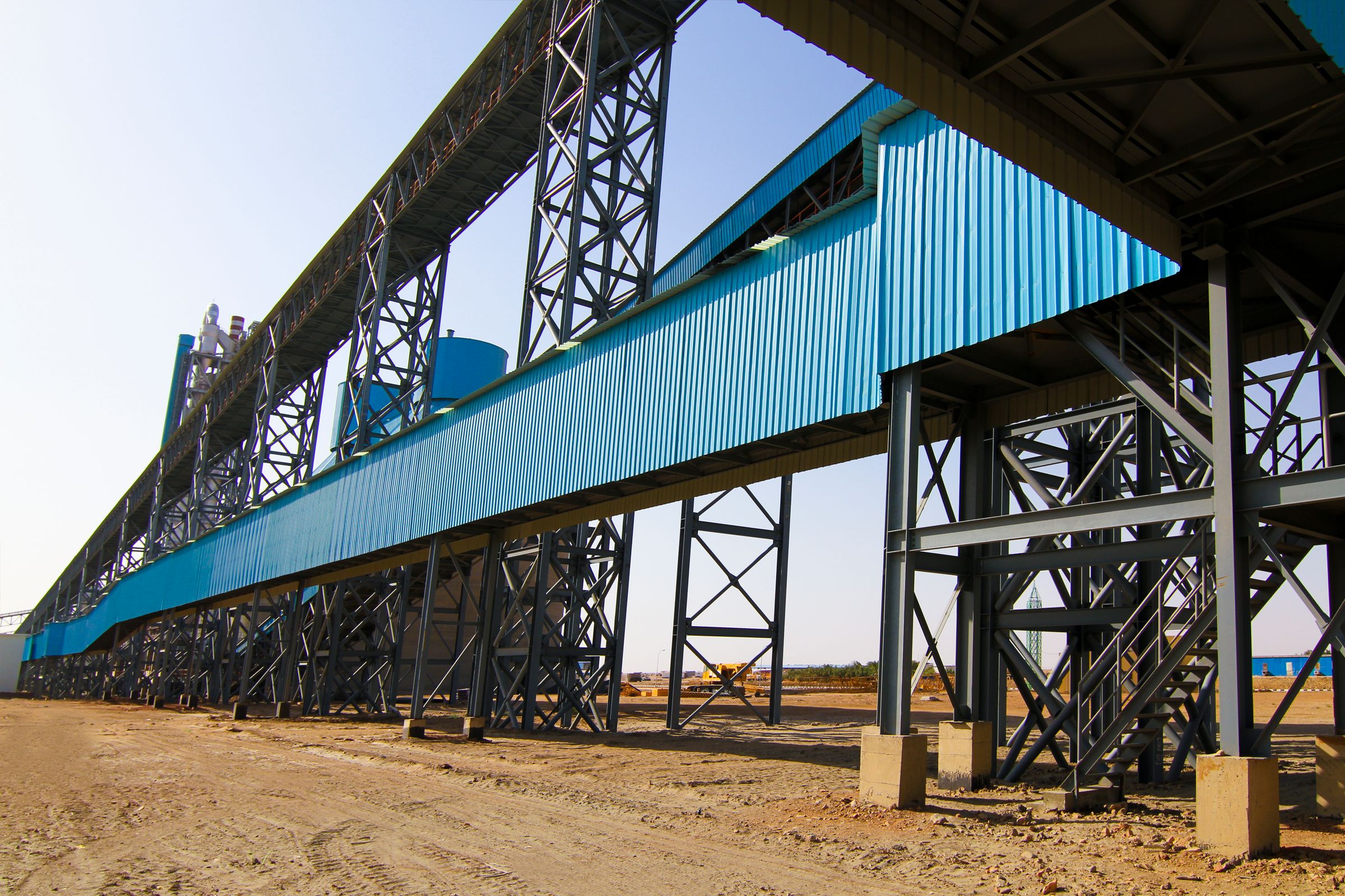 Industrial building with steel framework at a construction site