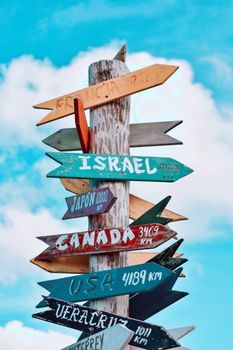Colorful signpost with country names pointing in different directions against a bright sky.