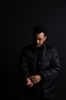 Dark and moody portrait of a man adjusting his puffer jacket sleeve against a black background.