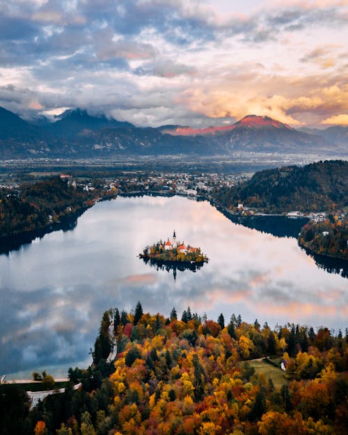 A High Angle View of Lake Bled with Small Island in Autumn, Slovenia 