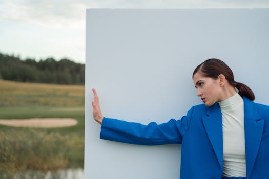 Elegant woman wearing a blue blazer poses against a white wall in a serene outdoor setting.