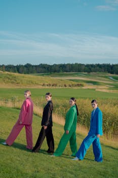 Four models in vibrant suits posing confidently in a scenic green field.