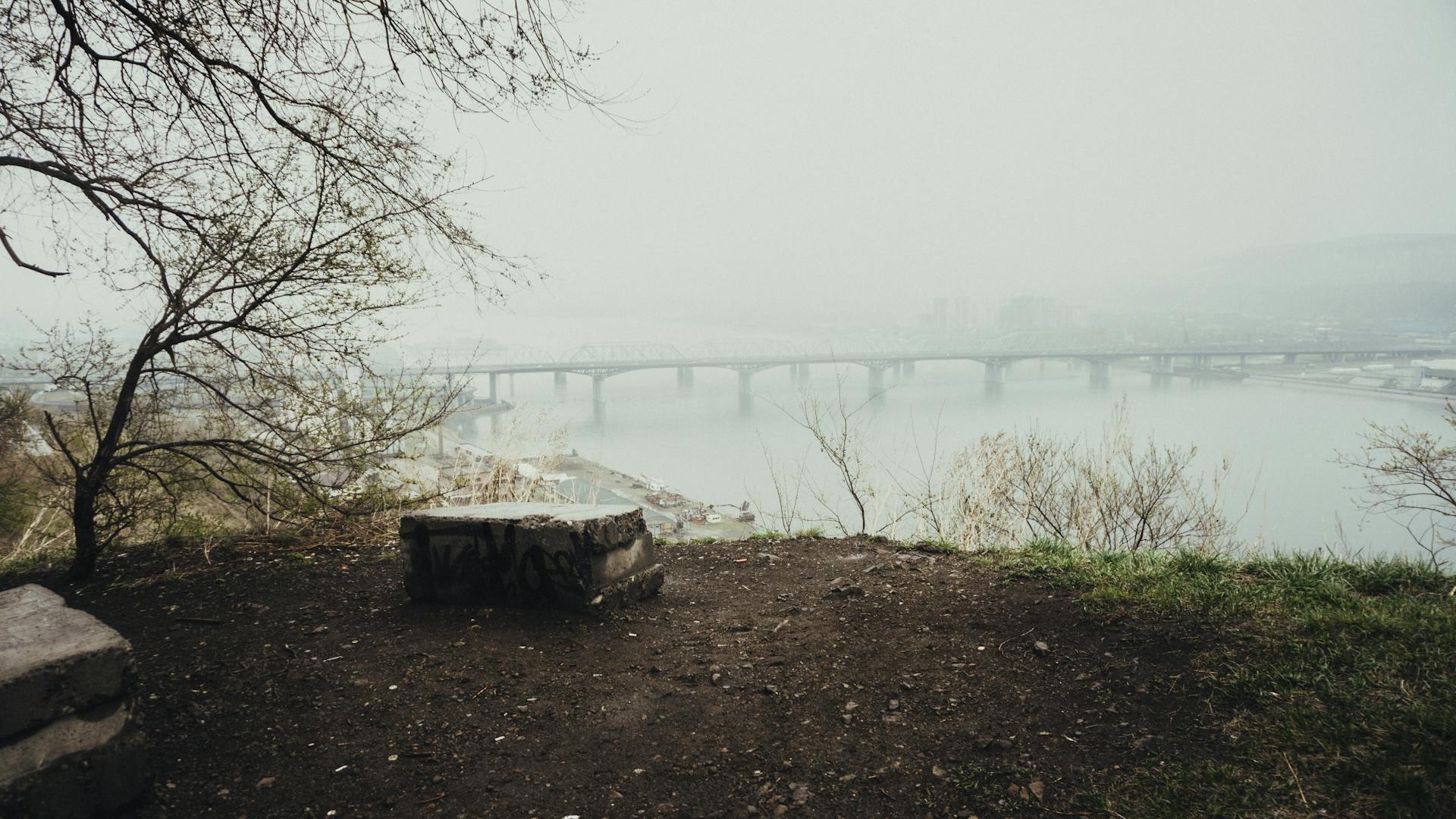 Foggy river view with bridge and trees, offering a serene and atmospheric scene.