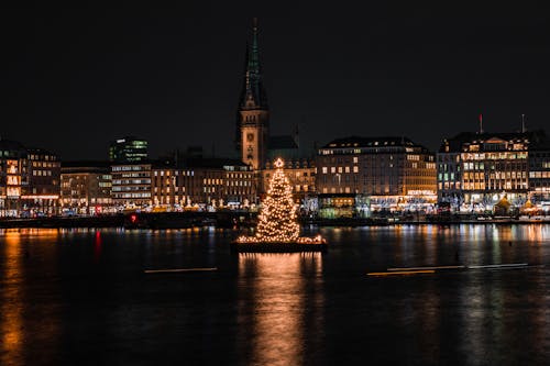 Photograph of a Christmas Tree with Lights Near Buildings