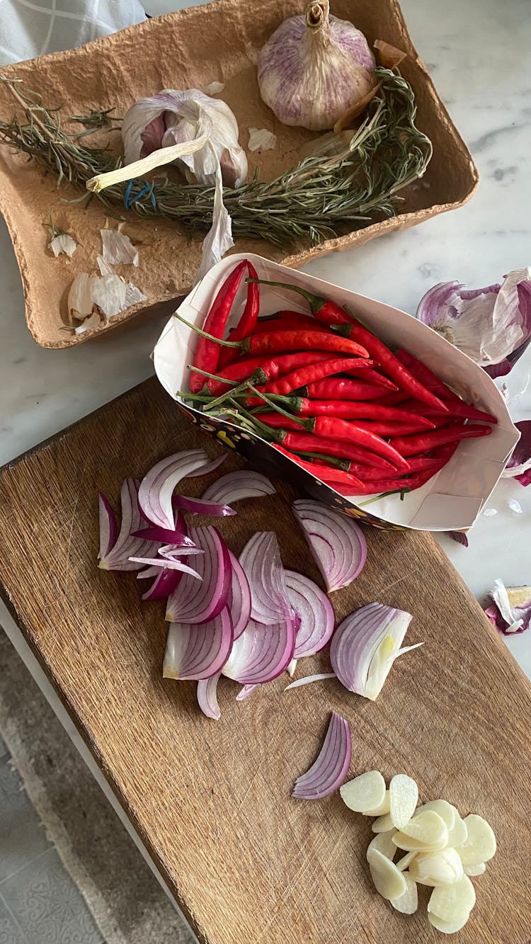 Overhead Shot Of Chopped Onion And Garlic