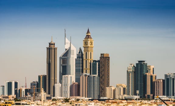 Panoramic view of Dubai's modern skyline featuring iconic skyscrapers in the financial district under a clear sky.