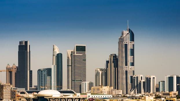 Panoramic view of Dubai's skyline featuring iconic modern skyscrapers against a clear blue sky.