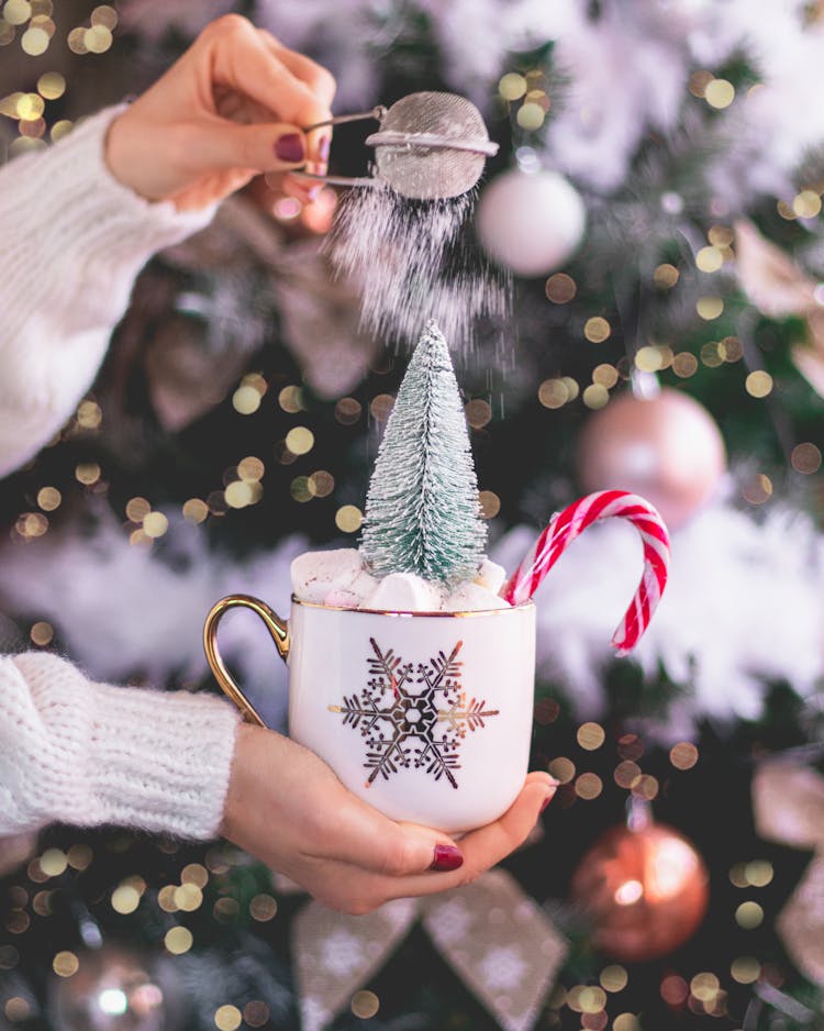 A Person Dusting A Hot Cocoa With Powdered Sugar