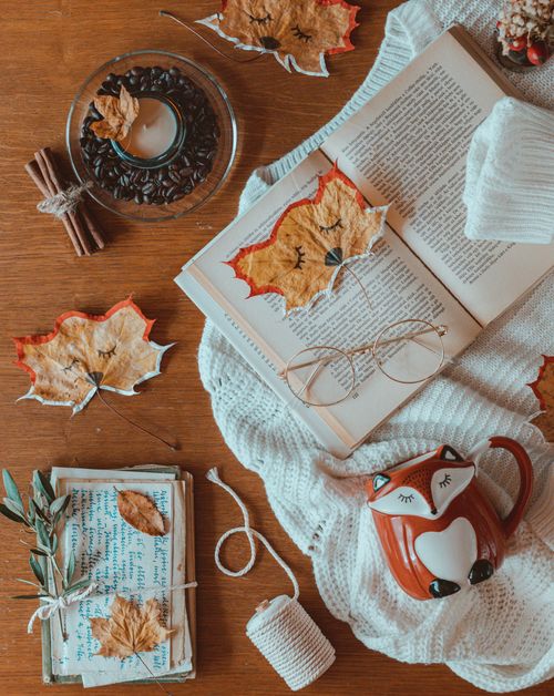 Free Warm autumn flat lay featuring leaves, a book, glasses, and a fox mug. Stock Photo
