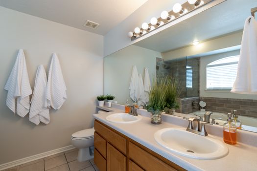 A contemporary bathroom featuring a double sink vanity, mirror, and stylish decor.