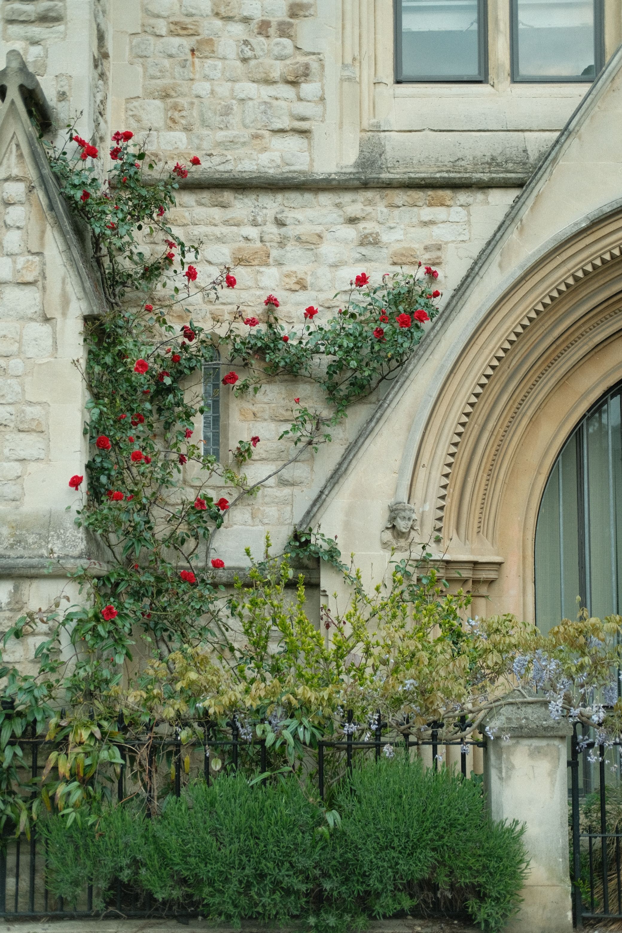 Charming stone facade of a historic building with climbing red roses. A perfect blend of nature and architecture.