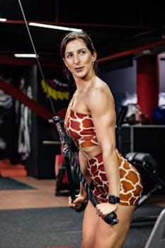 Woman working out at the gym in giraffe print activewear, showcasing fitness and strength.