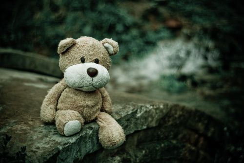 Free A plush teddy bear sits alone on a stone wall, evoking a sense of nostalgia and loneliness. Stock Photo
