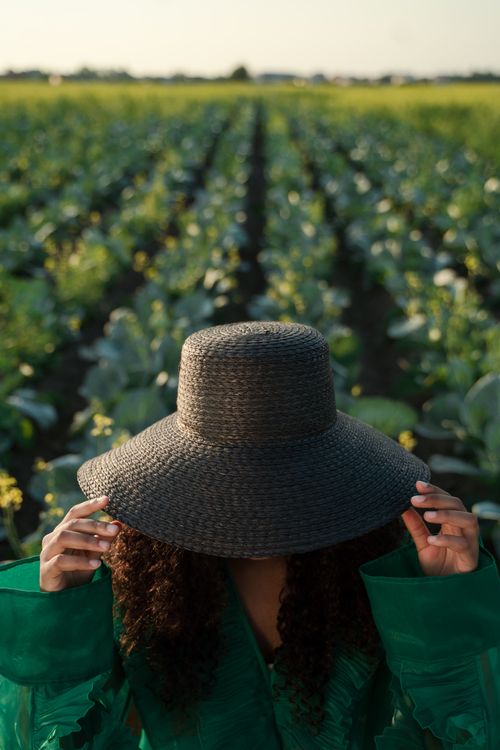 Free A woman in a green dress adjusts her hat while standing in a vast cabbage field under sunlight. Stock Photo
