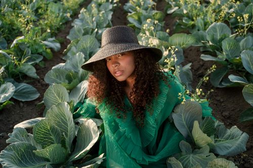 Free Woman in green dress relaxing among rows of cabbage at sunset. Stock Photo