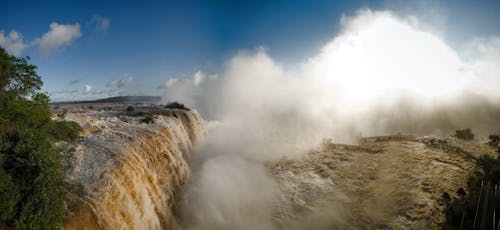 Waterfalls with White Clouds Under Blue Sky
