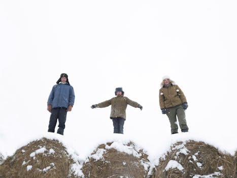 Three kids standing on snow-covered haystacks, enjoying a winter day outdoors.