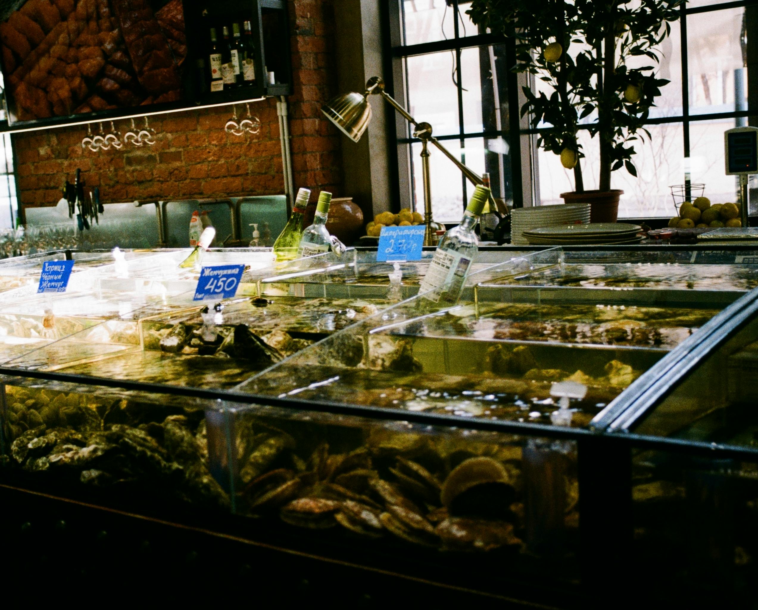 clear glass seafood display counter