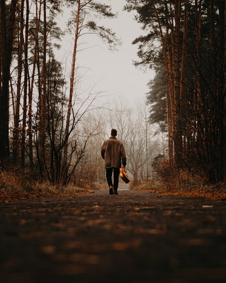 Man In Forest Walking With Guitar