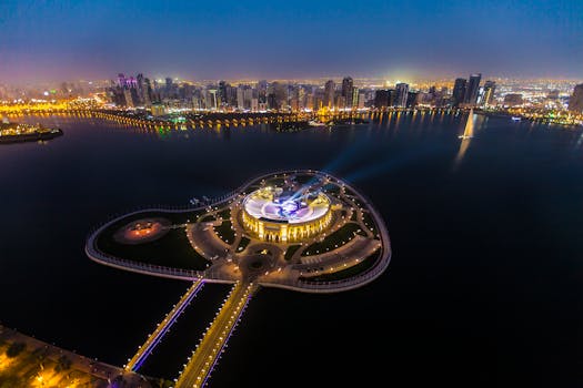 Dramatic aerial view of Al Majaz Island and city skyline in Sharjah at night.