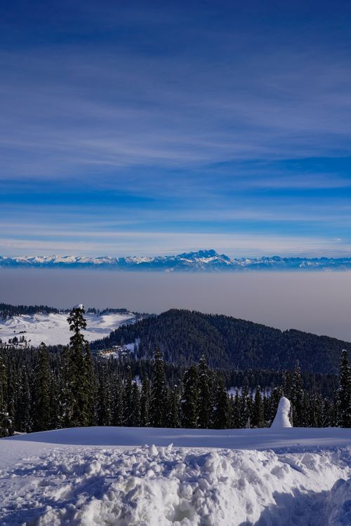 Free Explore a breathtaking winter mountain landscape with a snow-covered forest beneath a vibrant blue sky. Stock Photo